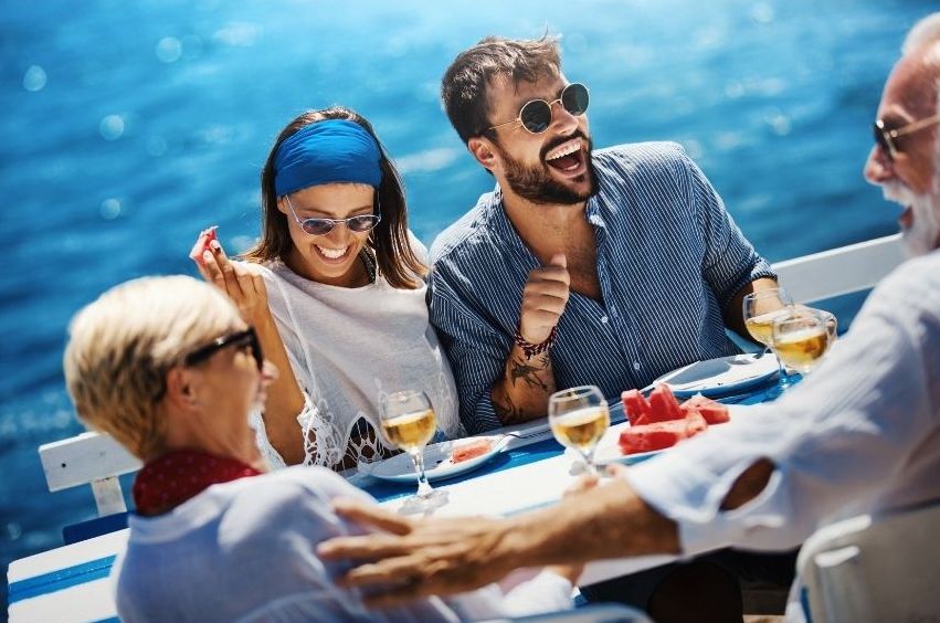 Family travelers enjoying luxurious food on a cruise.